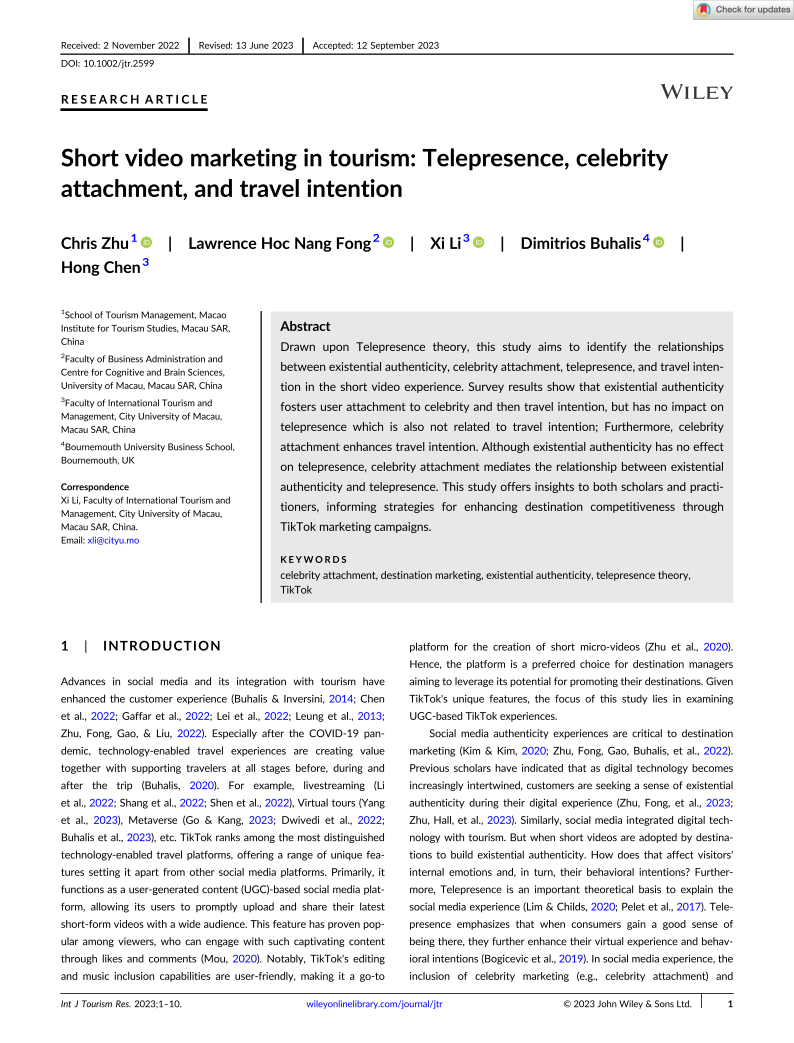 Short video marketing in tourism: Telepresence, celebrity attachment, and travel intention, International Journal of Tourism Research, https://doi.org/10.1002/jtr.2599.  (SSCI) *Correspondin