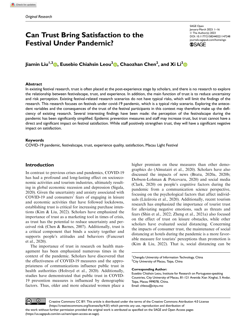 Can Trust Bring Satisfaction to the Festival Under Pandemic? SAGE Open, 13(1). https://doi.org/10.1177/21582440221147248 (SSCI)