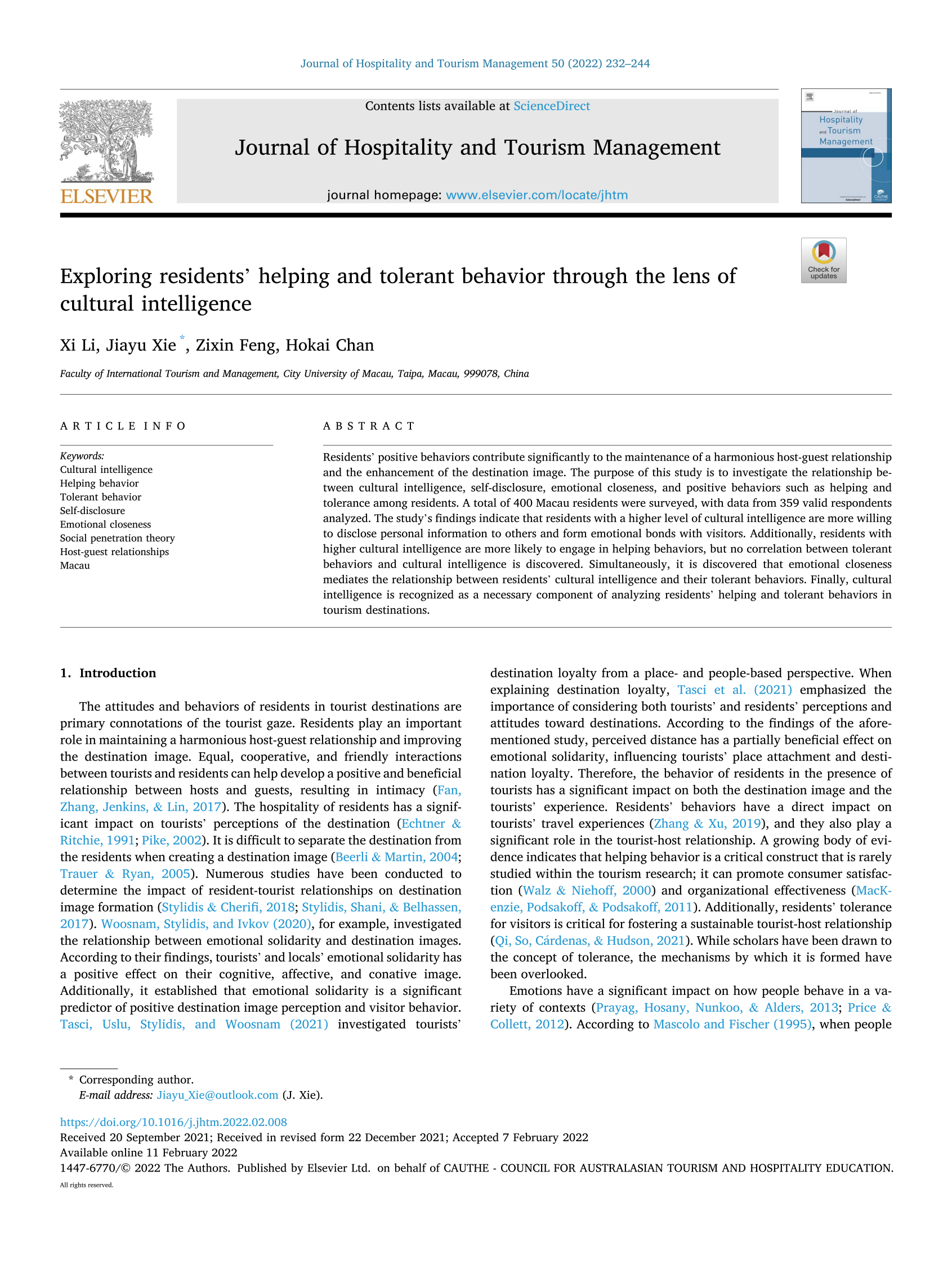 Exploring residents' helping and tolerant behavior through the lens of cultural intelligence, Journal of Hospitality and Tourism Management,50(3), 232-244, DOI: 10.1016/j.jhtm.2022.02.008. (SSCI)