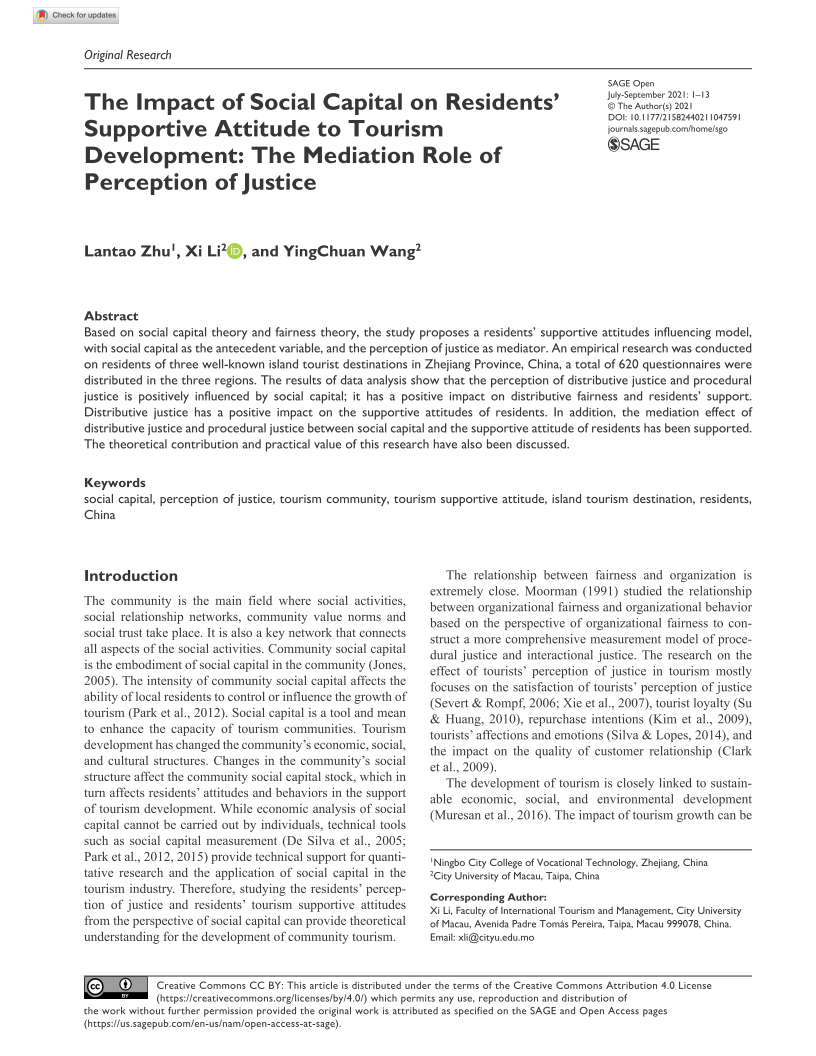 The Impact of Social Capital on Residents’ Supportive Attitude to Tourism Development: The Mediation Role of Perception of Justice. SAGE Open. DOI: 10.1177/21582440211047591. (SSCI) *Corresponding author