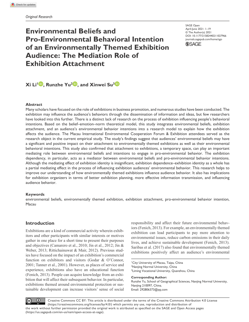 Environmental beliefs and pro-environmental behavioral intention of an environmentally themed exhibition audience: the mediation role of exhibition attachment. SAGE Open, DOI: 10.1177/21582440211027966. (SSCI)