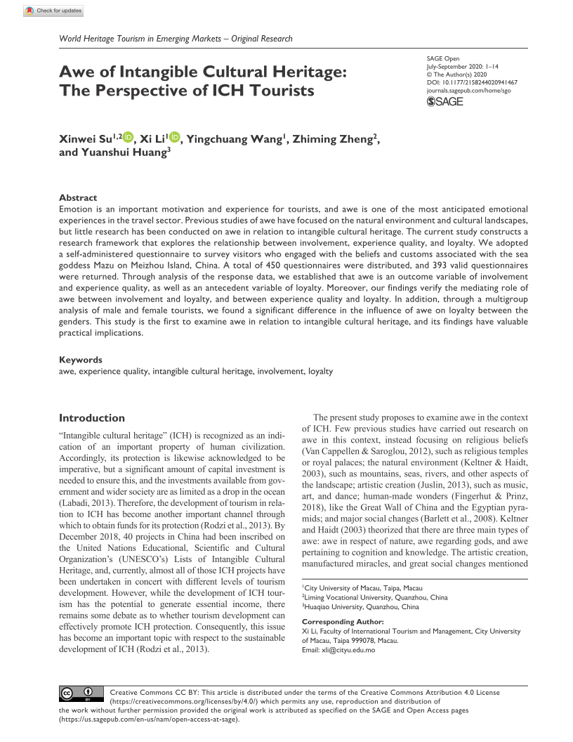 Awe of Intangible Cultural Heritage: The Perspective of ICH Tourists. SAGE Open, 10(3), Doi: 10.1177/2158244020941467. (SSCI) *Corresponding Author