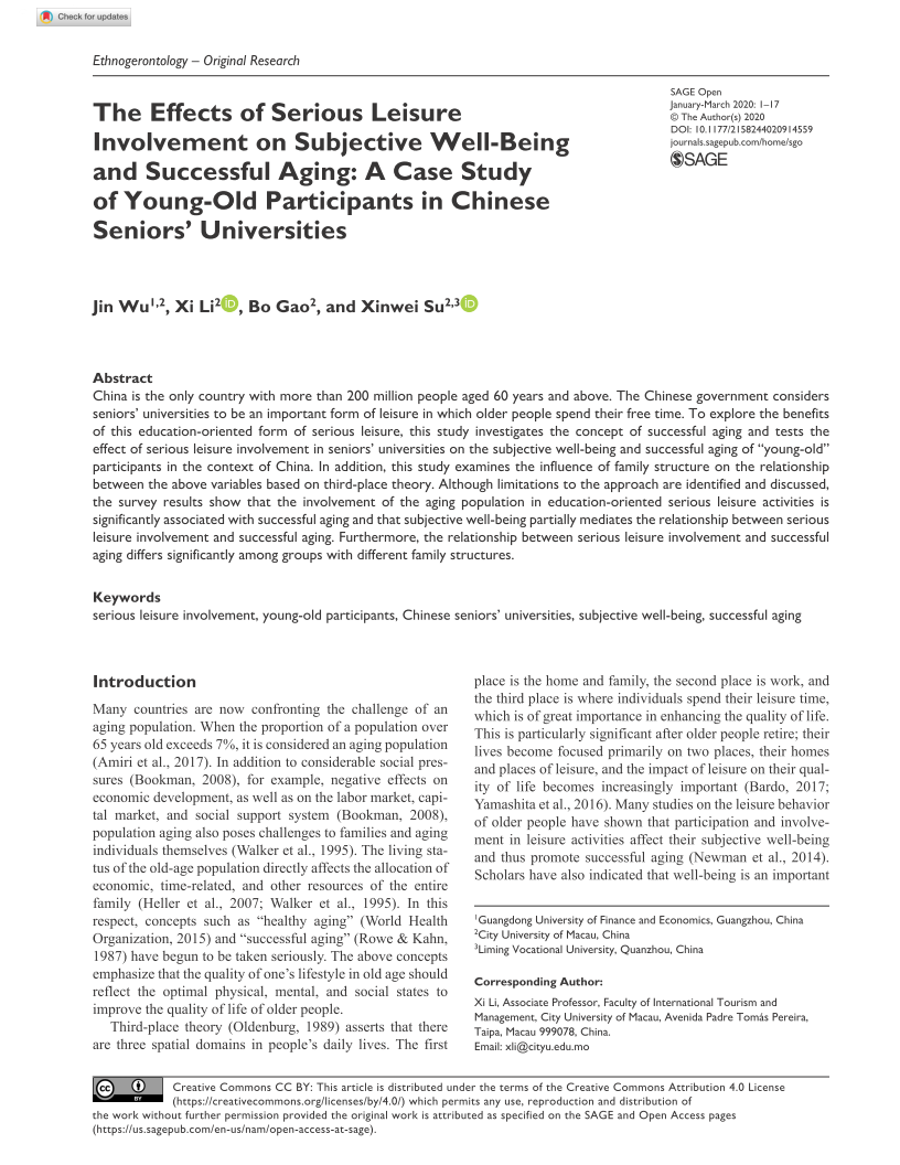 The Effects of Serious Leisure Involvement on Subjective Well-Being and Successful Aging: A Case Study of Young-Old Participants in Chinese Seniors’ Universities. SAGE Open, 10(1), Doi: 10.1177/2158244020914559. (SSCI) *Corresponding Author