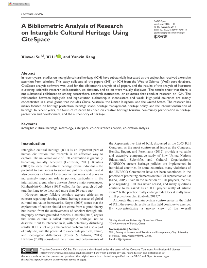 A Bibliometric Analysis of Research on Intangible Cultural Heritage Using CiteSpace. SAGE Open, 9(2), 2158244019840119. (SSCI) , *Corresponding Author