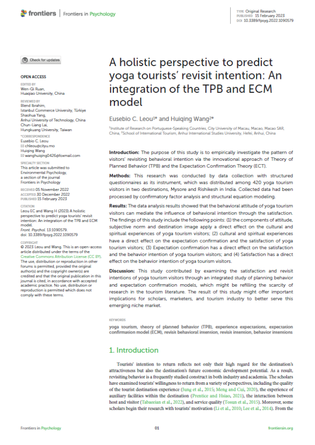 A holistic perspective to predict Yoga tourists' revisit intention: An integration of TPB and ECM model.
